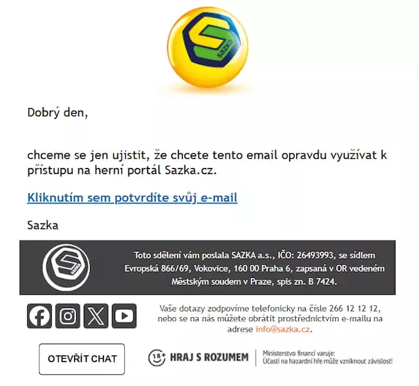 Sazka potvrzení emailové adresy