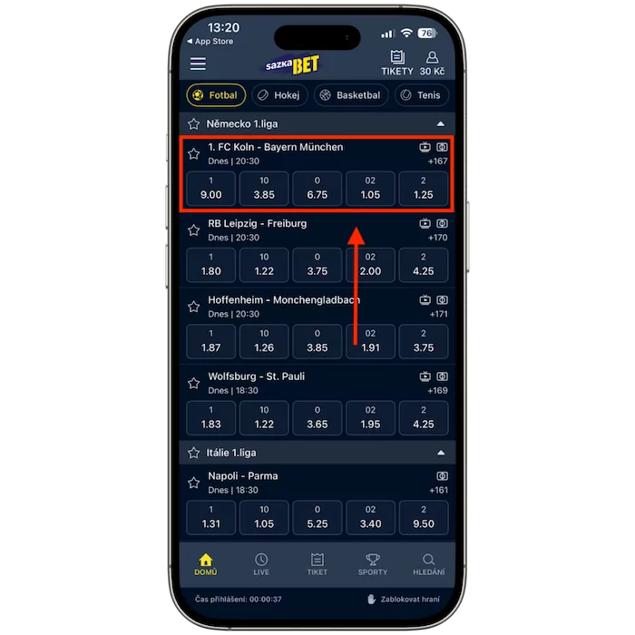 Sazkabet kurzová nabídka v aplikaci