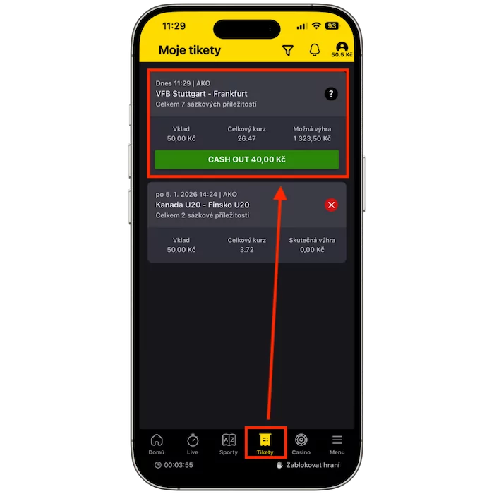 Sekce Moje tikety Fortuna