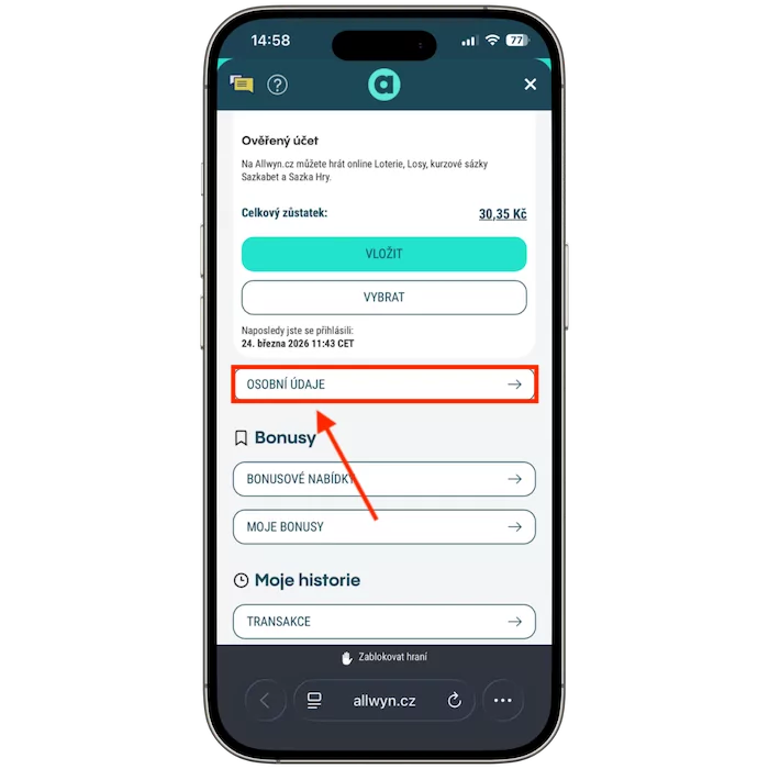Sekce osobní údaje Allwyn
