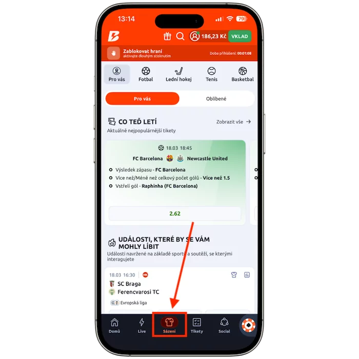 Sekce předzápasových sázek Betano