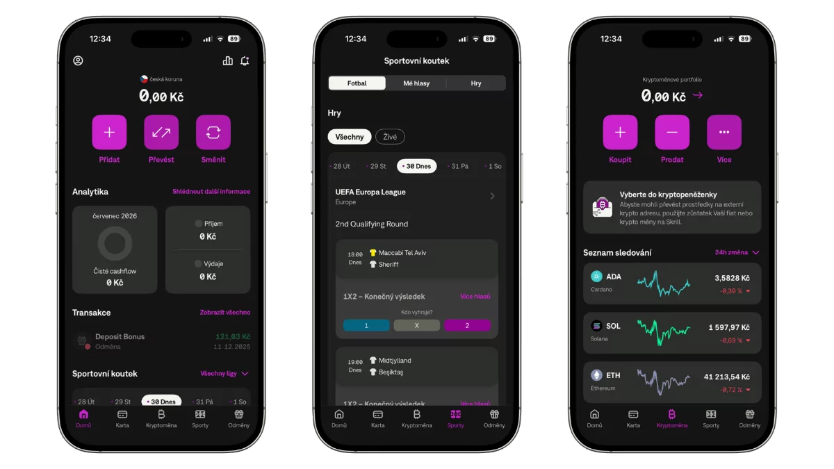 Ukázka mobilní aplikace Skrill s přehledem zůstatku, sportovním koutkem a nabídkou nákupu a prodeje kryptoměn