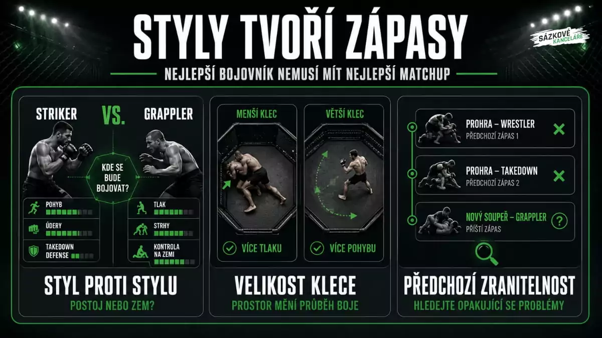 Infografika ukazuje, jak v MMA rozhoduje stylový matchup, velikost klece a předchozí zranitelnost bojovníka proti wrestlerům nebo grapplerům