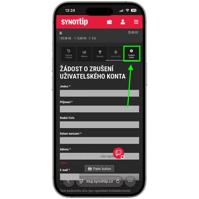 Synottip zrušení konta