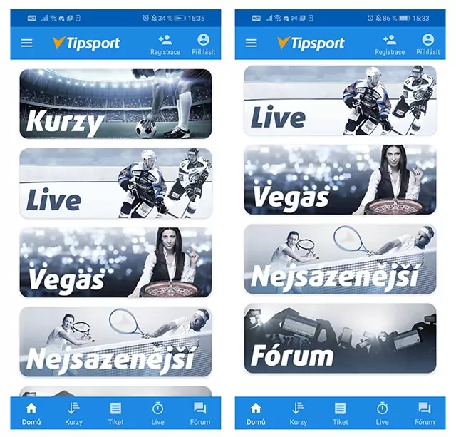 Tipsport hlavni menu