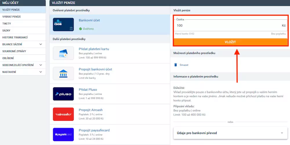 Tipsport platební prostředky