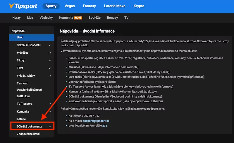 Tipsport sekce důležité dokumenty