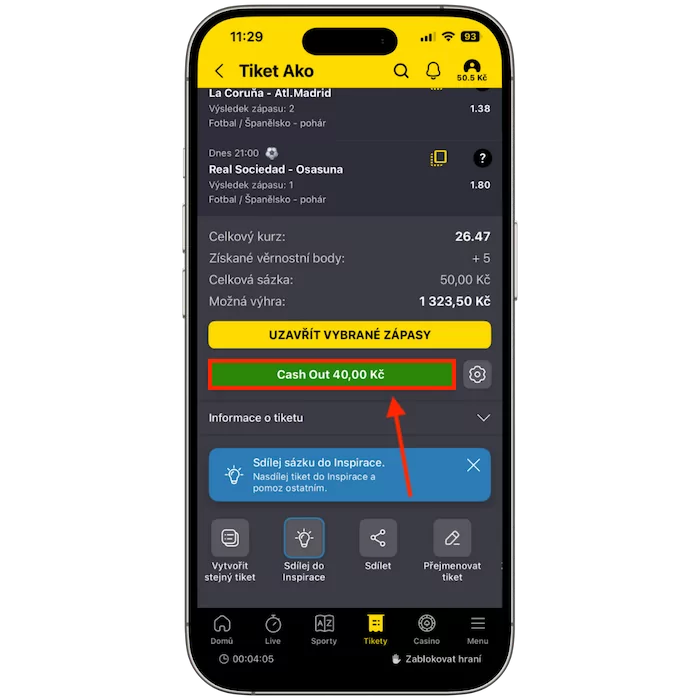 Tlačítko Cash out u Fortuny