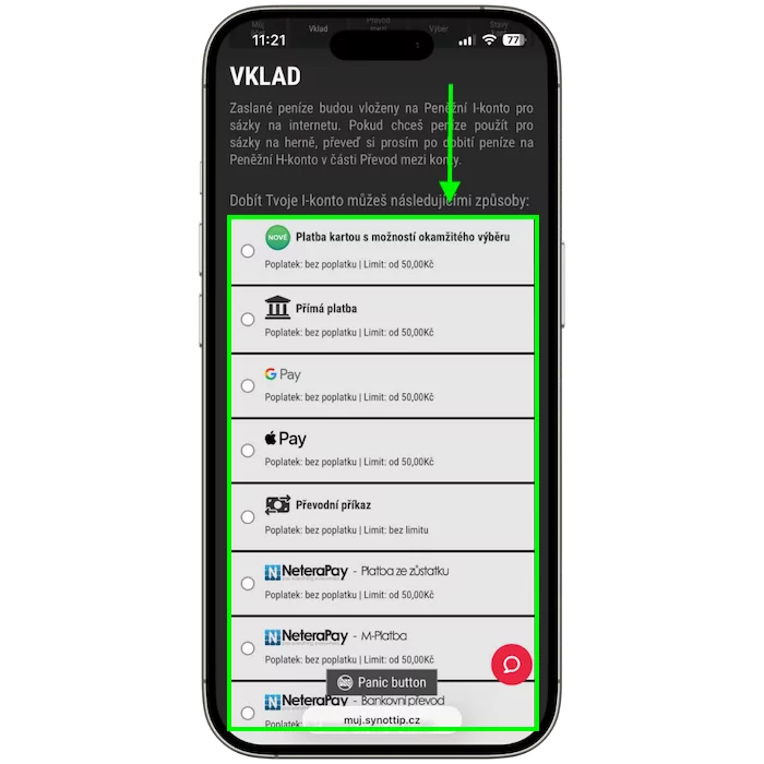 Tlačítko pro vklad u Synottip