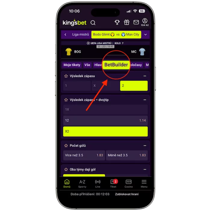 V záložce klikněte na Kingsbet betbuilder