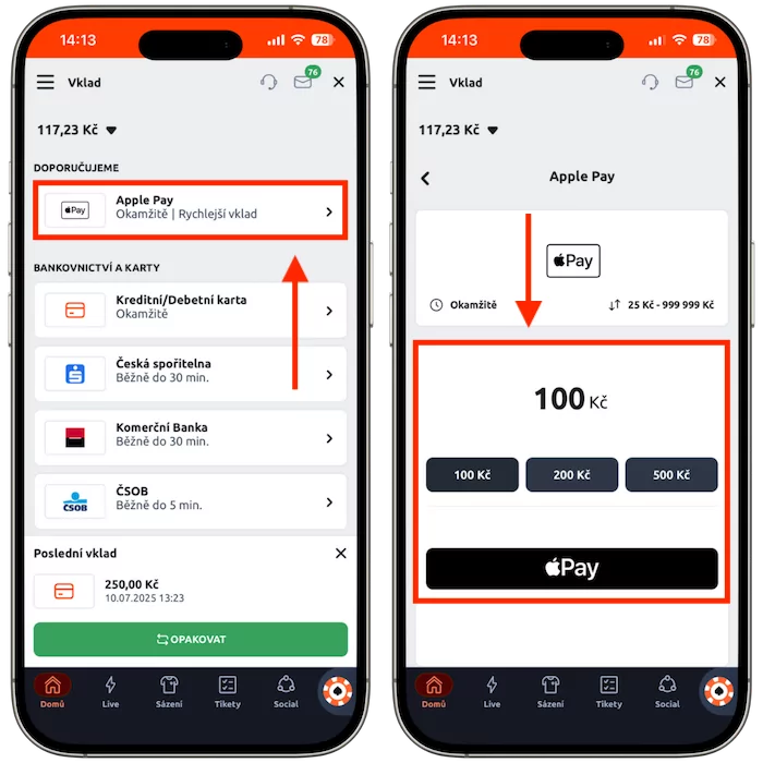 Vklad přes Apple Pay Betano