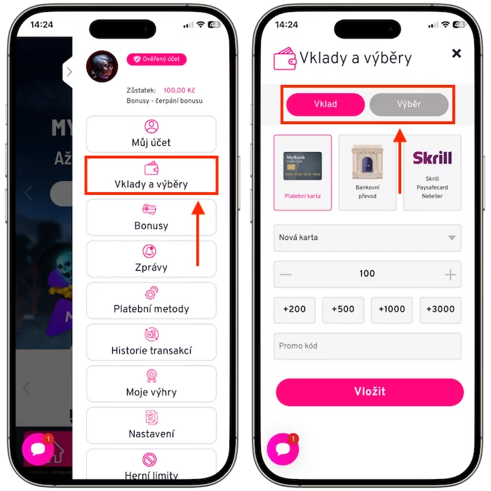 Vklady a výběry Apollo Games