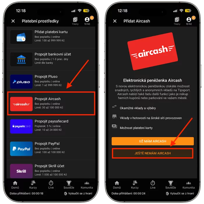 Vyberte platební metodu propojit Aircash