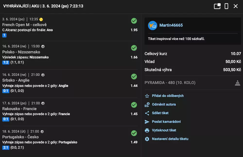 Výherní Tipsport tiket Martin46665