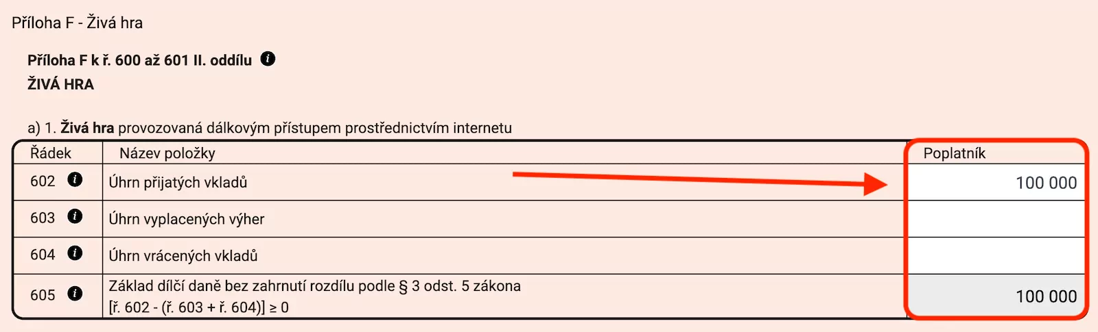 Vypište celkovou sumu v kolonce příjmů