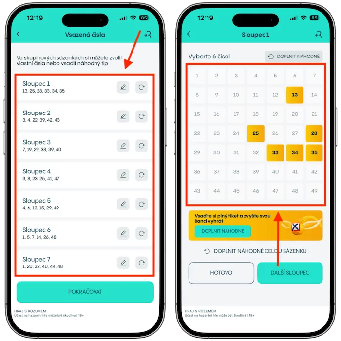Vyplňte herní čísla Sportky