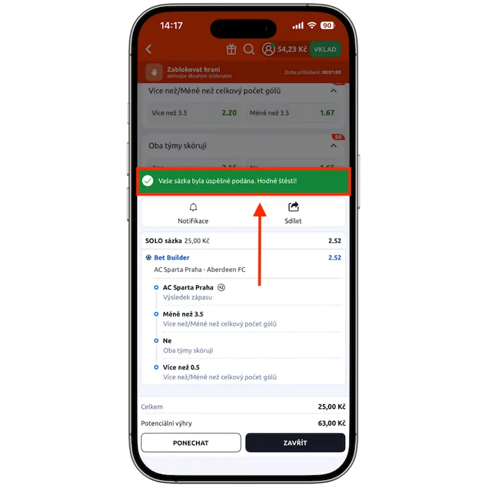 Výsledný BetBuilder tiket Betano