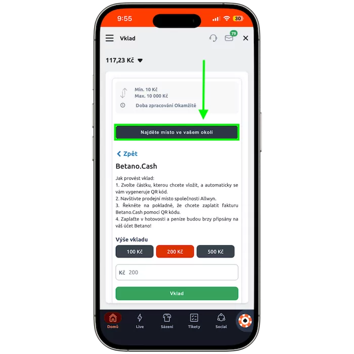 Zadejte částku u Betano cash