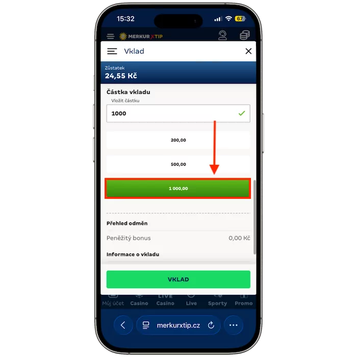 kde zadat konkrétní částku výběru u Merkurxtip