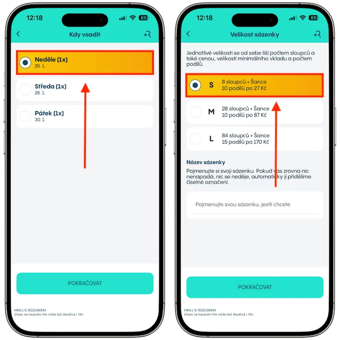 Zvolte den slosování a velikost tiketu Sportky