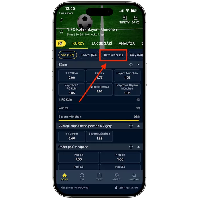 Zvolte v detailu zápasu Sazkabet betbuilder