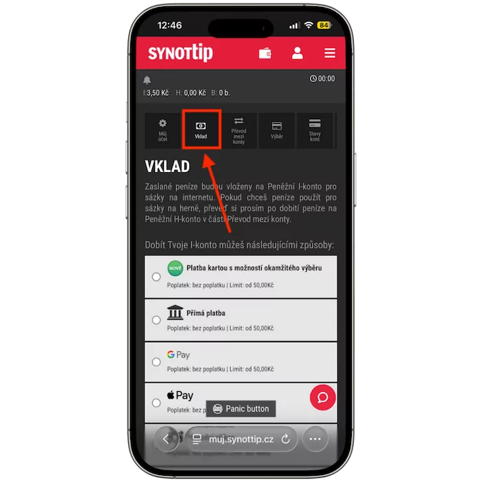 Menu uživatelského účtu sázkové kanceláře se zvýrazněným tlačítkem Vklad