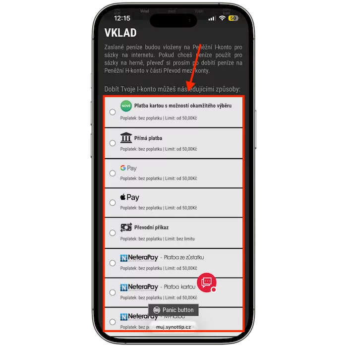 Zvolte vkladovou metodu u Synottip