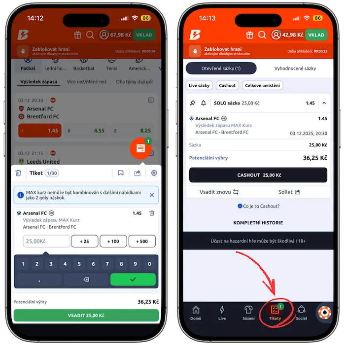 Betano kontrola tiketu v aplikaci