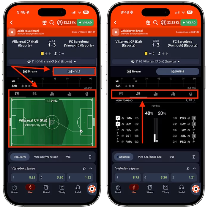 Betano Matchtracker v praxi - živé zobrazení fotbalového zápasu, hřiště, statistik a aktuální formy týmů