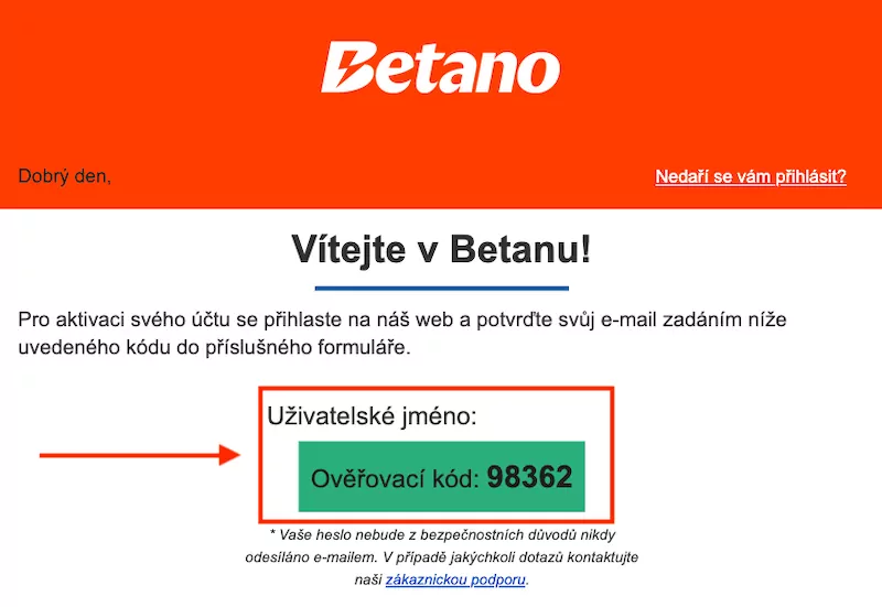 Betano ověřovací kód
