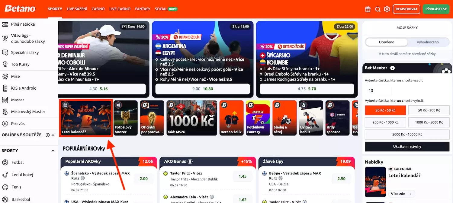 Domovská stránka Betano s vyznačenou nabídkou Letní kalendář v hlavním menu promo akcí