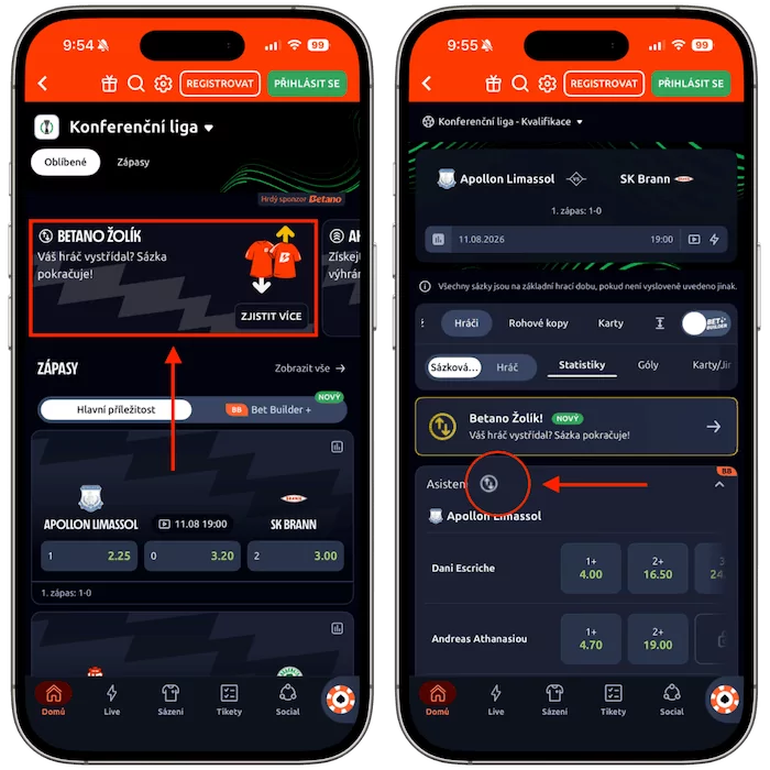 Ikona a funkce Betano Žolík v mobilní aplikaci Betano