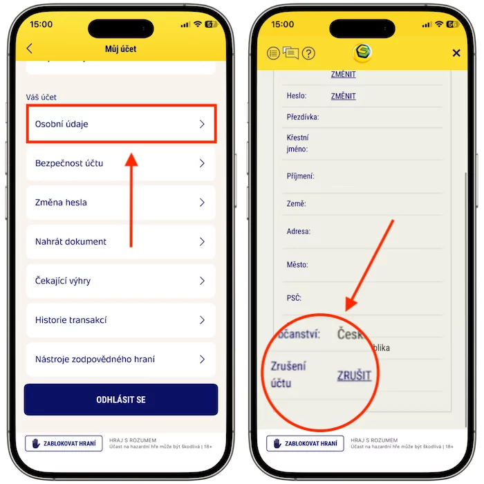 Sazka zrušení účtu