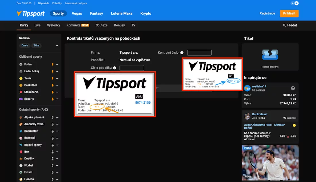 Kontrola tiketu na Tipsport.cz – Krok 2