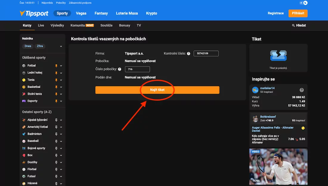 Kontrola tiketu na Tipsport.cz – Krok 3