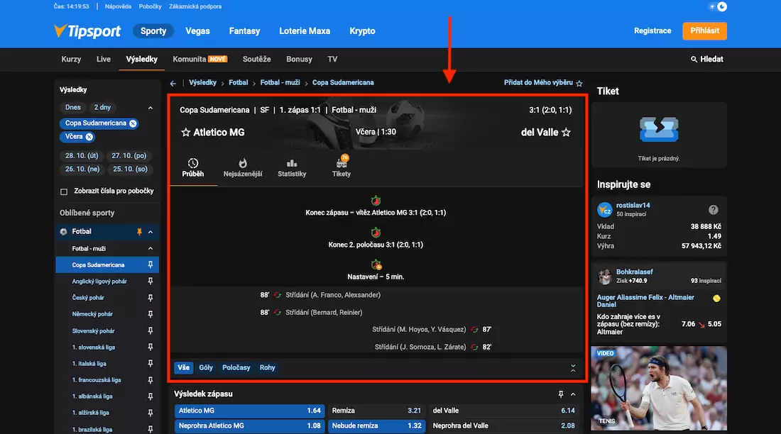 Detaily výsledků u Tipsportu