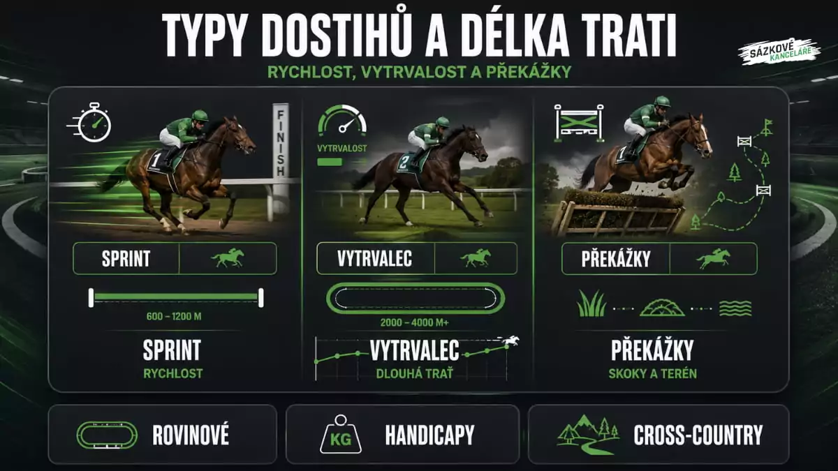 Infografika porovnávající sprintové, vytrvalostní a překážkové koňské dostihy podle délky trati, rychlosti a typu terénu