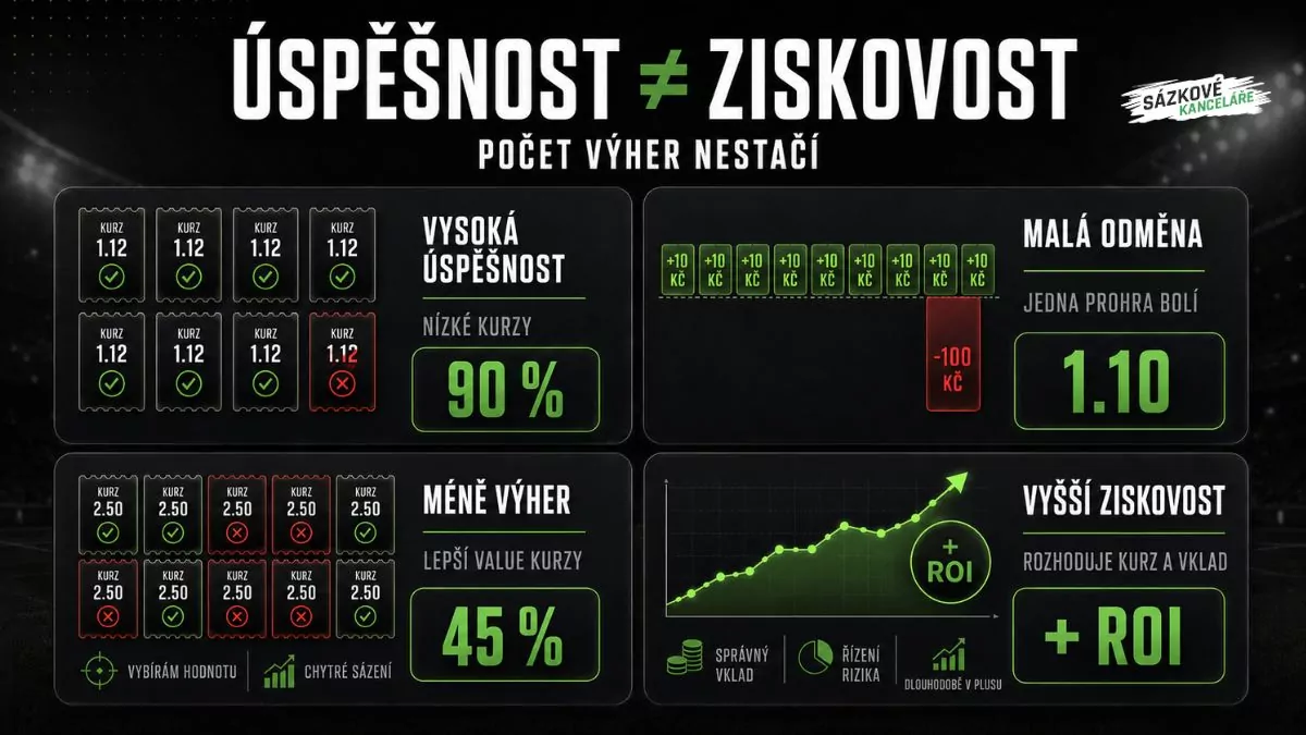 Infografika porovnávající vysokou úspěšnost tipů s nízkými kurzy a nižší úspěšnost s pozitivním ROI a vyšší ziskovostí